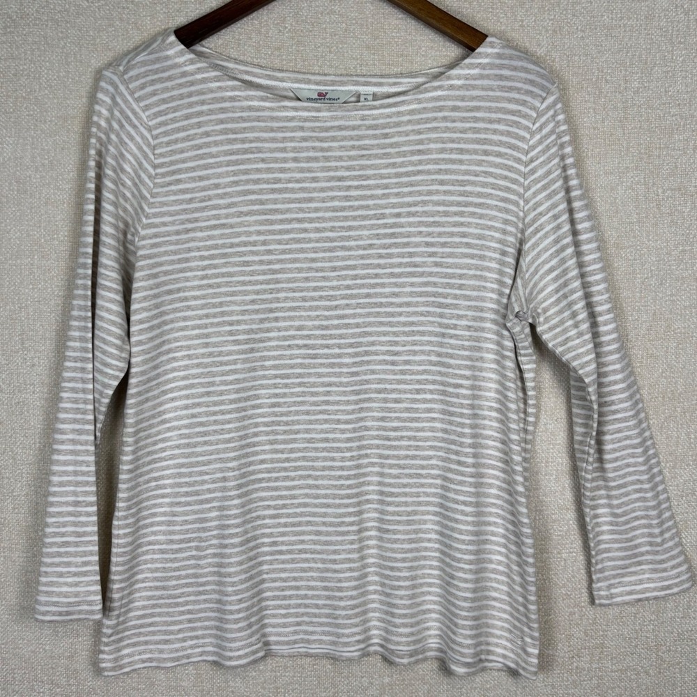 Vineyard Vines Womens XL Beige White Striped Pima Cotton Modal Long Sleeve Tee